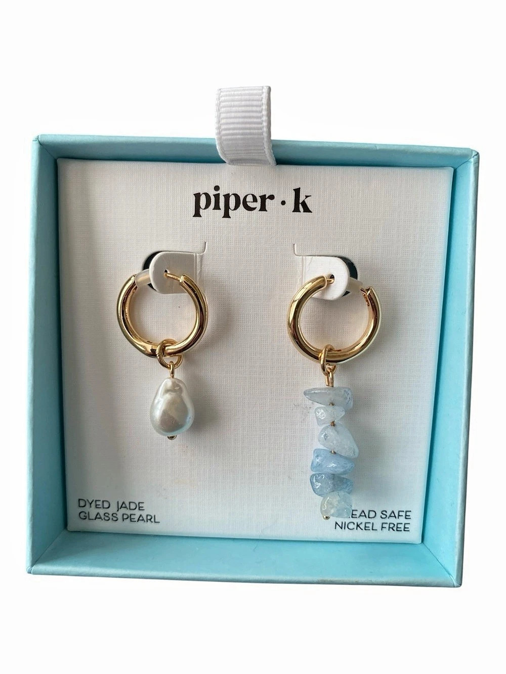 piper·k Dyed Jade & Glass Pearl Asymmetrical Hoop Drop Charm Earrings NWT
